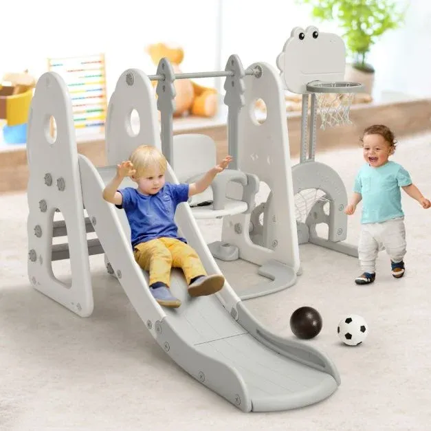 6 in 1 Kinder Spielplatz, Kinder Rutsche &amp; Schaukel &amp; Basketballkorb &amp; Leiter &amp; Fussballtor &amp; Golfloch weiss