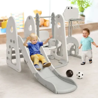 6 in 1 Kinder Spielplatz, Kinder Rutsche &amp; Schaukel &amp; Basketballkorb &amp; Leiter &amp; Fussballtor &amp; Golfloch weiss