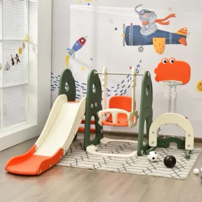 6 in 1 Kinder Spielplatz, Kinder Rutsche & Schaukel & Basketballkorb & Leiter & Fussballtor & Golfloch orange