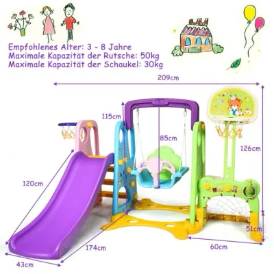 6 IN 1 Spielplatz Kinderrutsche Kletterturm Basketballkorb Fussballtor