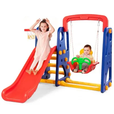 3 in 1 Kinder Rutschen Kletter Spielset mit Basketballkorb und Schaukel