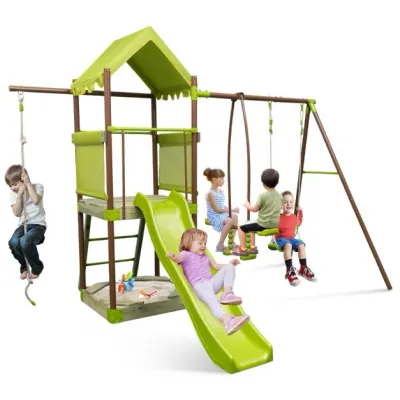 Spielturm Klettergerüst mit Schaukel Rutsche Kletterseil Grün