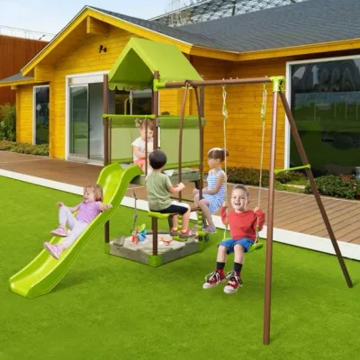 Spielturm Klettergerüst mit Schaukel Rutsche Kletterseil Grün
