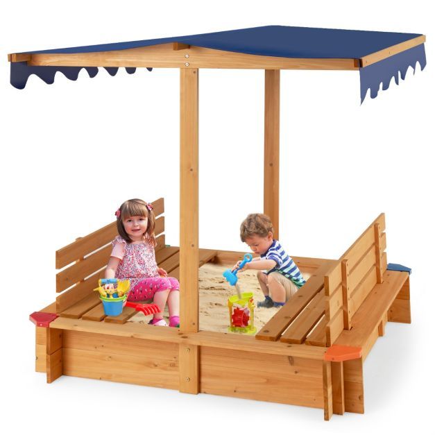 Sandkasten mit Dach 120 x 120 cm Sandkiste aus Zedernholz Sandbox gross mit 2 umwandelbaren Sitzbänken Natur