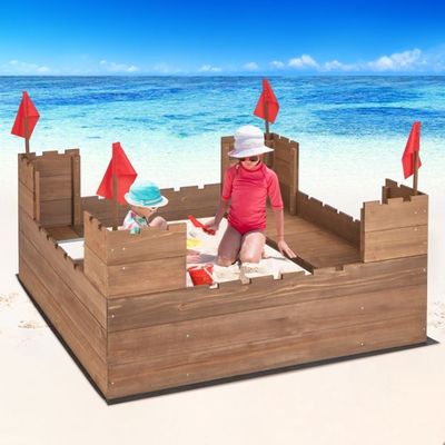 Sandkasten / Sandburg mit Staufächern & Flaggen Sandkiste Holz 113 x 116 cm
