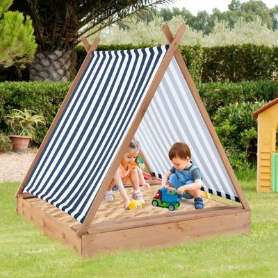 Kindersandkasten mit Abdeckung & 2 Sitzbänken Outdoor Holzsandkasten 124 x 123 cm