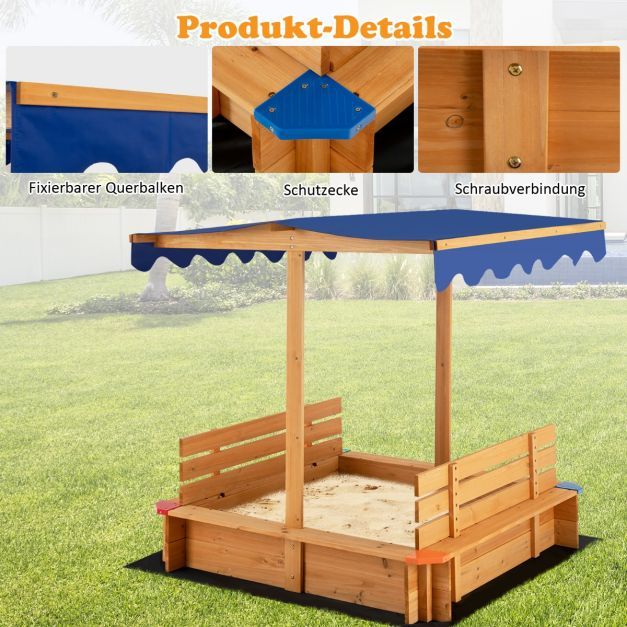 Sandkasten mit Dach 120 x 120 cm Sandkiste aus Zedernholz Sandbox gross mit 2 umwandelbaren Sitzbänken Natur