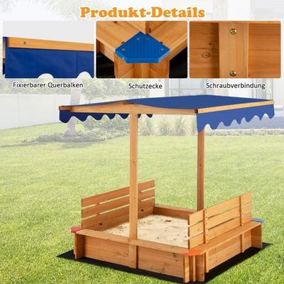 Sandkasten mit Dach 120 x 120 cm Sandkiste aus Zedernholz Sandbox gross mit 2 umwandelbaren Sitzbänken Natur