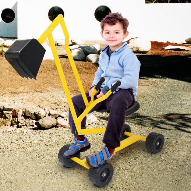 Sitzbagger mit Schaufel Kinderbagger aus Metall Sandbagger zum Aufsitzen für Kinder ab 3 J. gelb