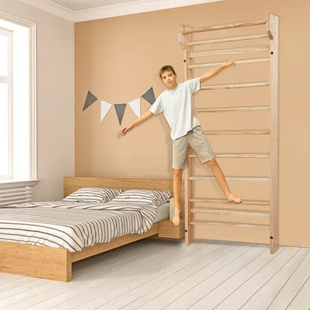 Holz Sprossenwand mit Klimmzugstange & 10 Sprossen Kletterwand 150kg Belastbar Turnwand
