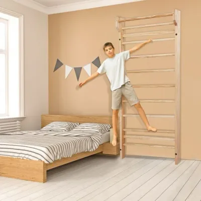 Holz Sprossenwand mit Klimmzugstange & 10 Sprossen Kletterwand 150kg Belastbar Turnwand
