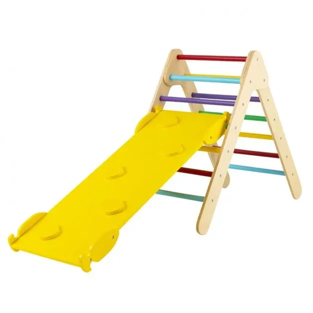 Kletterdreieck Dreieckiges Klettergerüst aus Holz mit Rampe Bunt