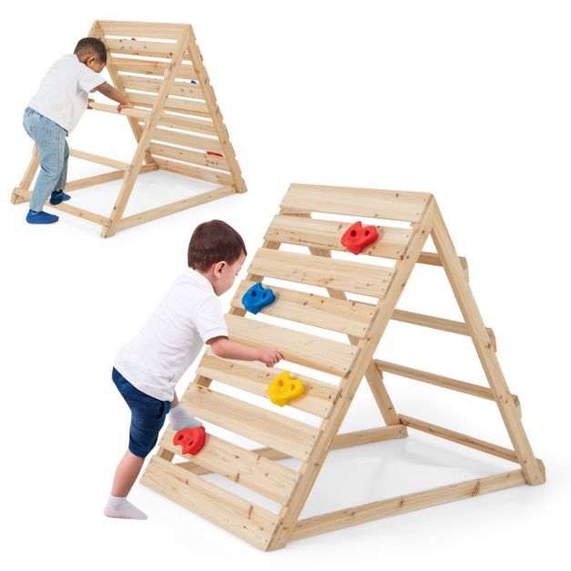 Doppelseitiges Kletterdreieck hölzernes Kletterspielzeug mit Kletterfelsen und Kletterleitern Natur