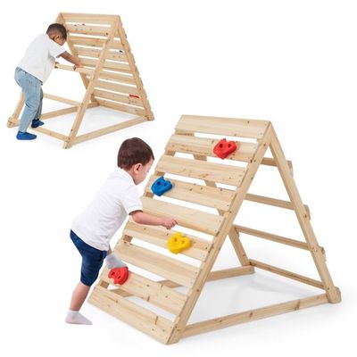 Doppelseitiges Kletterdreieck hölzernes Kletterspielzeug mit Kletterfelsen und Kletterleitern Natur