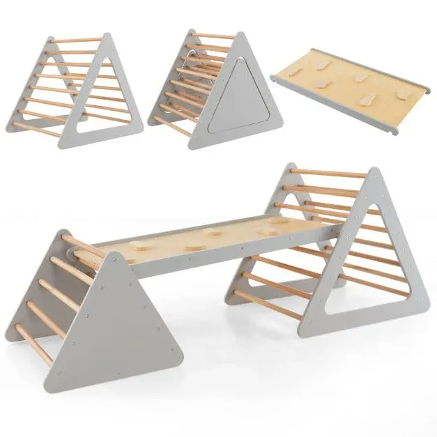 3 in 1 Kletterspielzeug-Set für Kleinkinder Kletterdreieck &amp; Leiter &amp; Rutsche Klettergerüst Grau
