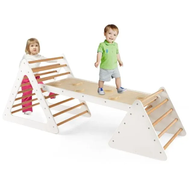 3 in 1 Kletterspielzeug-Set für Kleinkinder Kletterdreieck &amp; Leiter &amp; Rutsche Klettergerüst weiss + natur