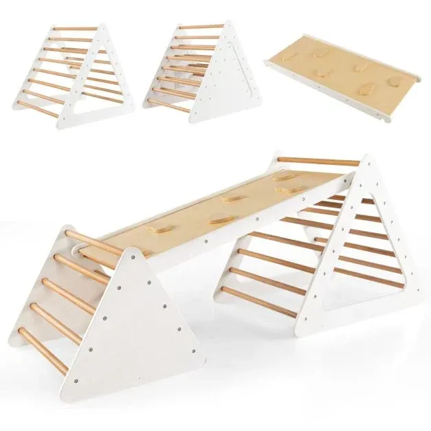 3 in 1 Kletterspielzeug-Set für Kleinkinder Kletterdreieck &amp; Leiter &amp; Rutsche Klettergerüst weiss + natur