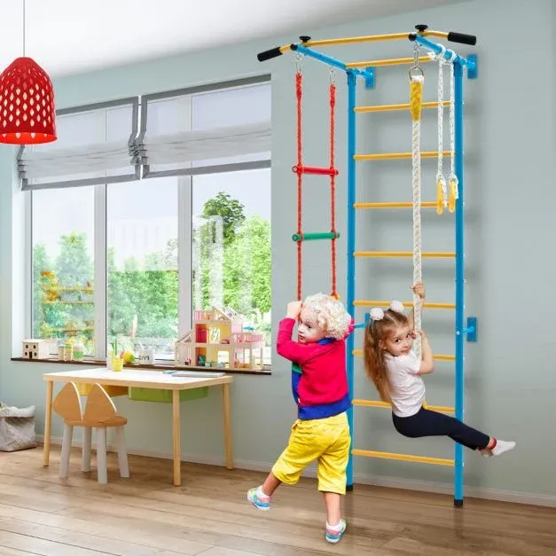 Kletterwand Klettergerüst Klimmzugstange mit Zubehör Blau + Gelb