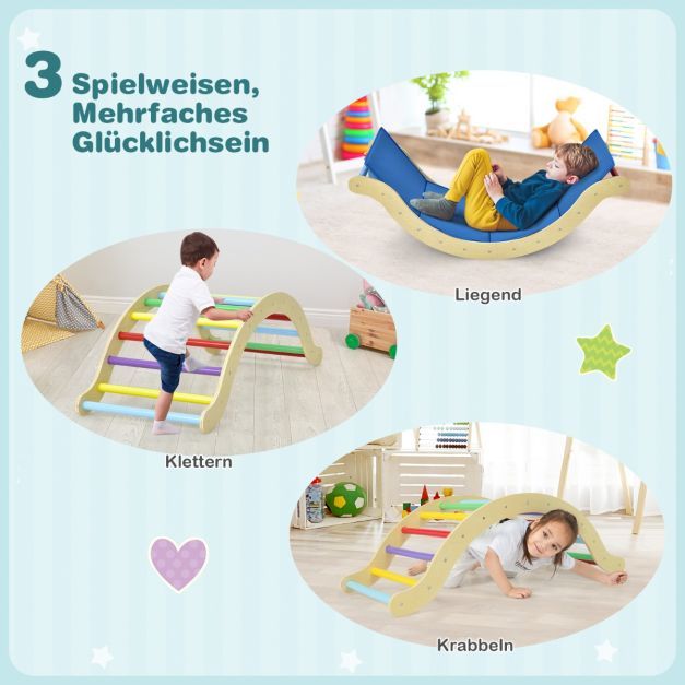 3 in 1 Kinder Kletterleiter Set mit umkehrbarer Rampe &amp; Kissen zum Klettern, Rutschen &amp; Schaukeln bunt