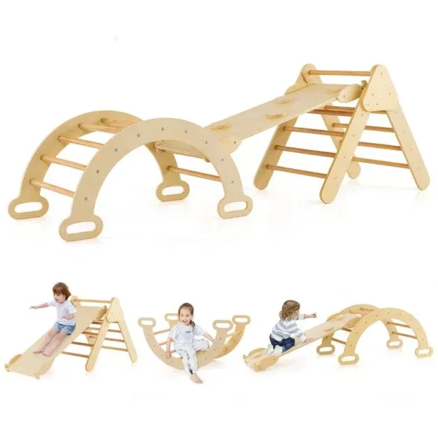 4 in 1 Kletterdreieck mit Rutsche &amp; Kletterbogen &amp; Doppelseitige Rampe Klettergerüst natur