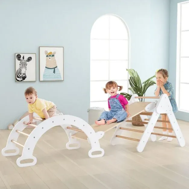 4 in 1 Kletterdreieck mit Rutsche &amp; Kletterbogen &amp; Doppelseitige Rampe Klettergerüst weiss