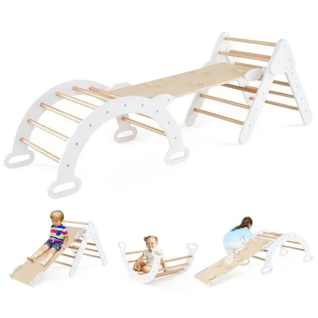 4 in 1 Kletterdreieck mit Rutsche &amp; Kletterbogen &amp; Doppelseitige Rampe Klettergerüst weiss