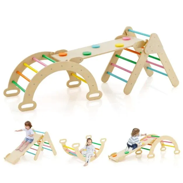 4 in 1 Kletterdreieck mit Rutsche &amp; Kletterbogen &amp; Doppelseitige Rampe Klettergerüst bunt