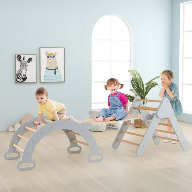 4 in 1 Kletterdreieck mit Rutsche &amp; Kletterbogen &amp; Doppelseitige Rampe Klettergerüst grau