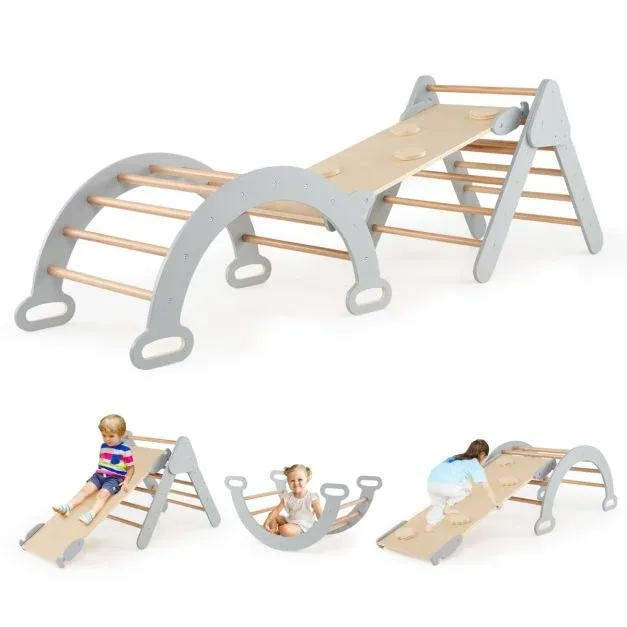 4 in 1 Kletterdreieck mit Rutsche &amp; Kletterbogen &amp; Doppelseitige Rampe Klettergerüst grau