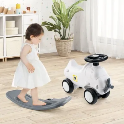 3 in 1 Schaukelpferd Schaukeltier & Rutschauto Flugzeug mit Abnehmbarem Balance Board Weiss