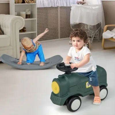 3 in 1 Schaukelpferd Schaukeltier & Rutschauto Lokomotive mit Abnehmbarem Balance Board Grün Zug