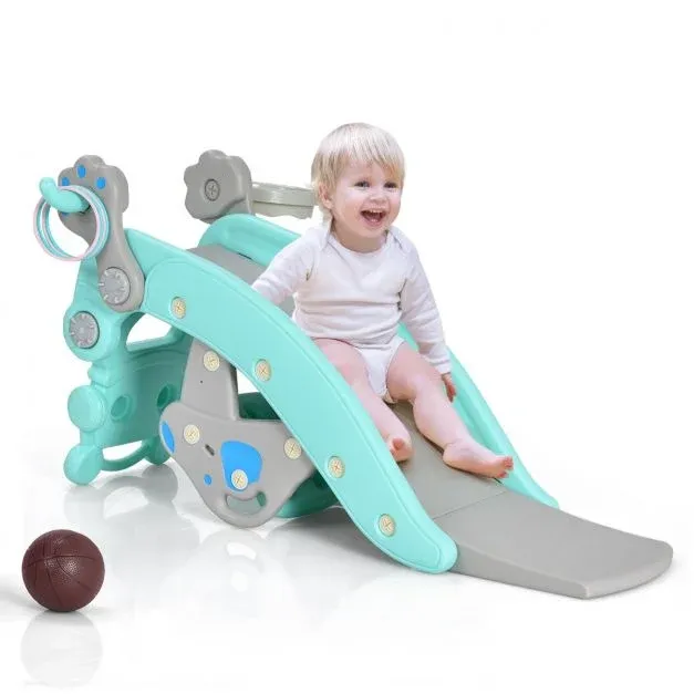Multifunktionale Schaukelpferd-Rutsche mit Basketballkorb Blau