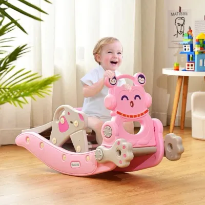 Multifunktionale Schaukelpferd-Rutsche mit Basketballkorb rosa