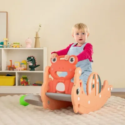 3 in 1 Kinder Spielplatz Kinderrutsche + Schaukelpferd + Basketballkorb Rosa