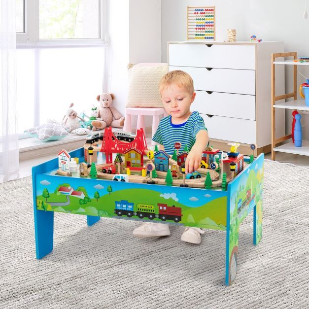80-teiliges Holzeisenbahn-Spielset mit Umkehrbarer &amp; Abnehmbarer Tischplatte bunt