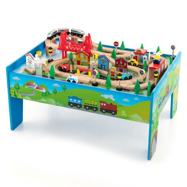 80-teiliges Holzeisenbahn-Spielset mit Umkehrbarer &amp; Abnehmbarer Tischplatte bunt