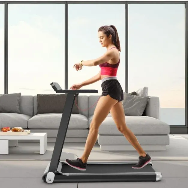 Klappbares Laufband für Zuhause mit Bluetooth-Lautsprecher & LED-Anzeige und Gerätehalter silber