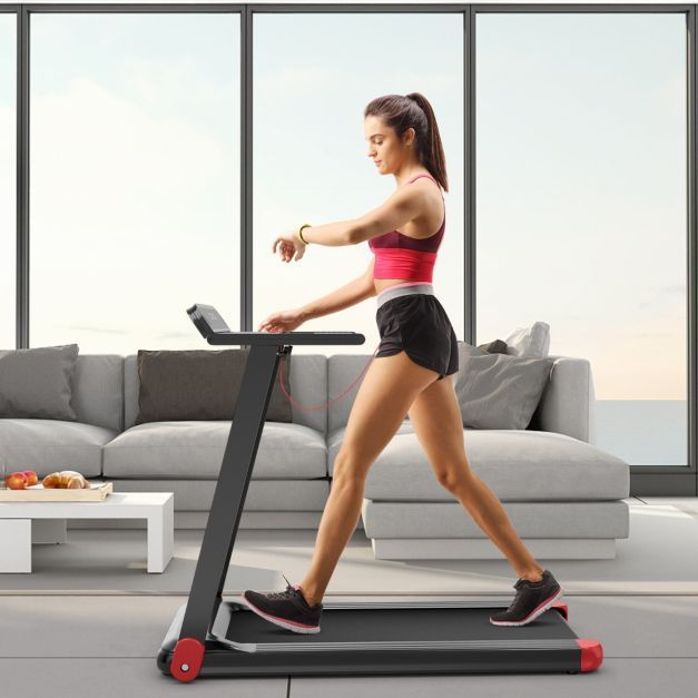 Klappbares Laufband für Zuhause mit Bluetooth-Lautsprecher & LED-Anzeige und Gerätehalter rot