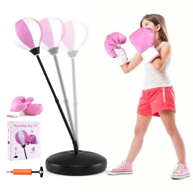81-123,5cm Höhenverstellbarer Punchingball inkl. Boxhandschuhe &amp; Handpumpe Kinder Boxset rosa