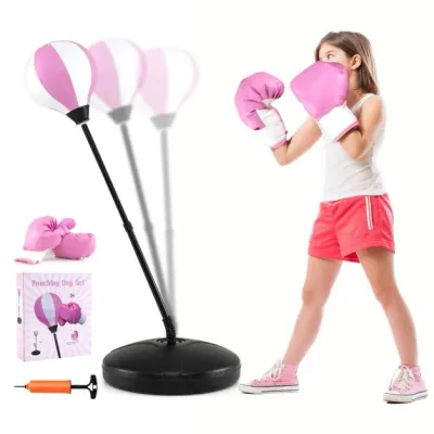 81-123,5cm Höhenverstellbarer Punchingball inkl. Boxhandschuhe &amp; Handpumpe Kinder Boxset rosa