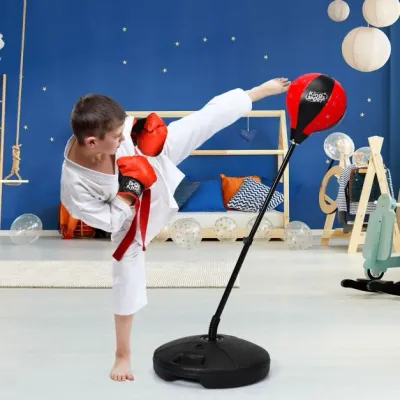 81-123,5cm Höhenverstellbarer Punchingball inkl. Boxhandschuhe & Handpumpe Kinder Boxset schwarz rot