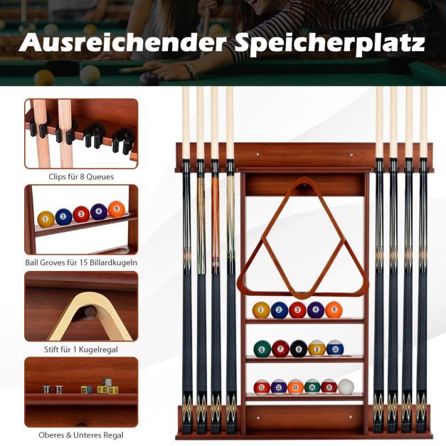 Billard-Pool-Queue-Rack Wandbefestigter Billardstockhalter für 8 Queues 15 Billardkugeln Braun