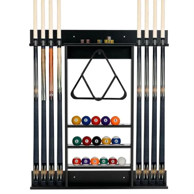 Billard-Pool-Queue-Rack Wandbefestigter Billardstockhalter für 8 Queues 15 Billardkugeln schwarz
