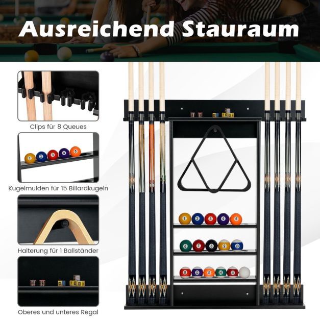 Billard-Pool-Queue-Rack Wandbefestigter Billardstockhalter für 8 Queues 15 Billardkugeln schwarz