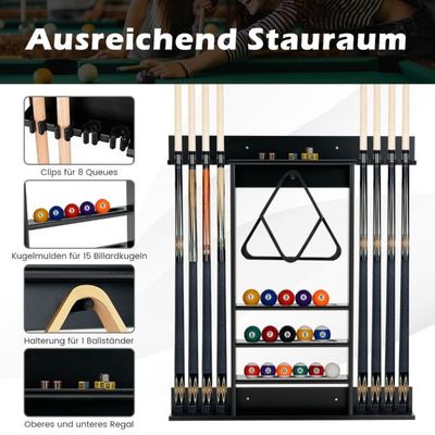 Billard-Pool-Queue-Rack Wandbefestigter Billardstockhalter für 8 Queues 15 Billardkugeln schwarz