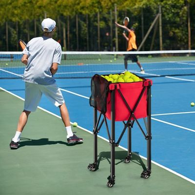 Zusammenklappbarer Tennisballwagen mit Rädern abnehmbarer Taschen Ballwagen für 150 Tennisbälle Rot