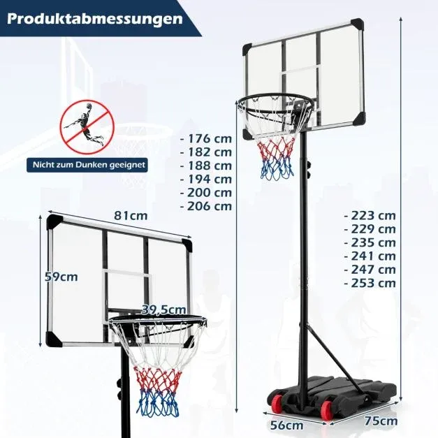 Basketballlkorb outdoor Basketballständer 176-206 cm höhenverstellbar mit Rückwand Schwarz