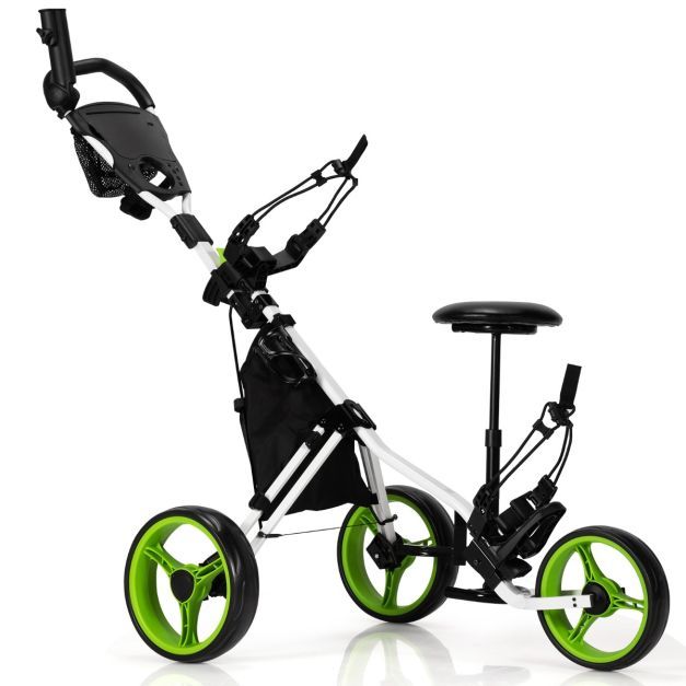 3 Rad Golf Trolley aus Aluminum mit Schirmhalter &amp; Sitz Klappbarer Golfwagen Golfcaddy Grün