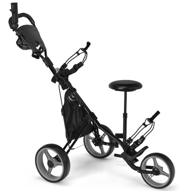 3 Rad Golf Trolley aus Aluminum mit Schirmhalter &amp; Sitz Klappbarer Golfwagen Golfcaddy Grau