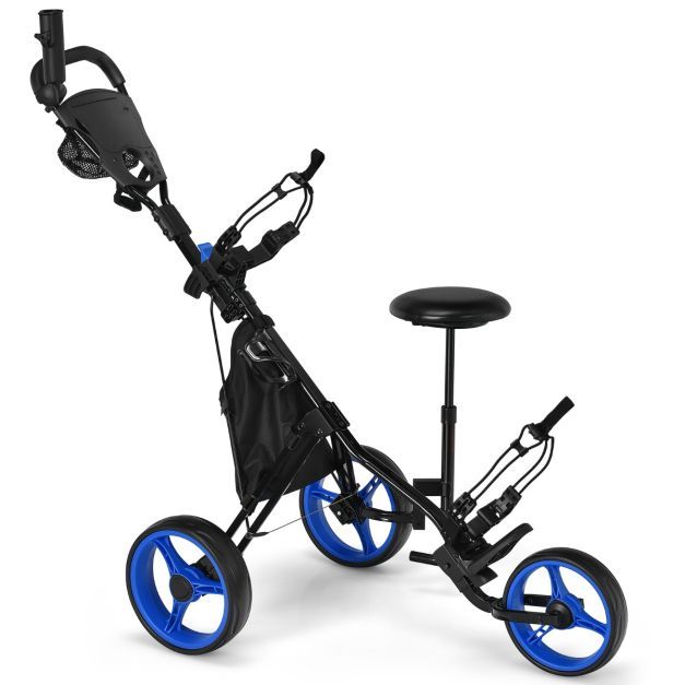 3 Rad Golf Trolley aus Aluminum mit Schirmhalter &amp; Sitz Klappbarer Golfwagen Golfcaddy Blau